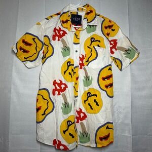 VSTR Button Up Shirt Med White Mushroom Smiley Face Psychedelic Print Short Slv